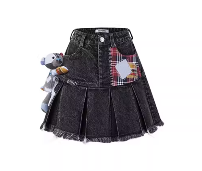 13 DE MARZO BEAR PATCH SUTURE DENIM SKIRT