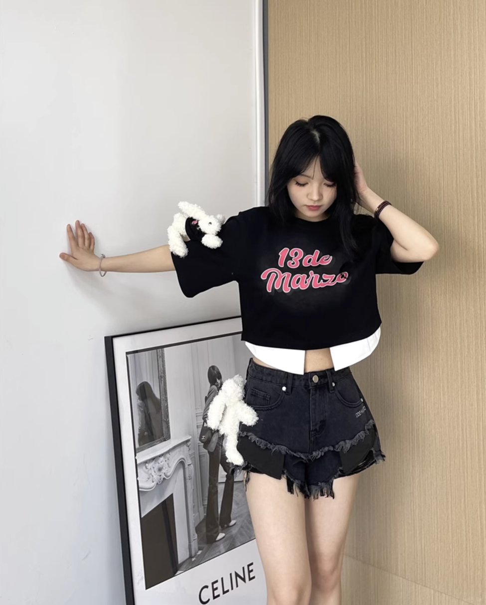 13 DE MARZO GRAFFITI DOUBLE DENIM SHORTS