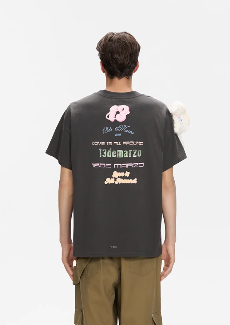 13 DE MARZO BEADED LOGO LOOSE SHORT-SLEEVED T-SHIRT BLACK