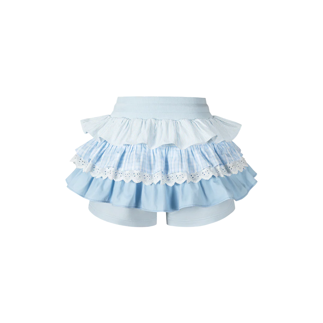 13DE MARZO Patchwork Ruffle Tiered Skirt Blue