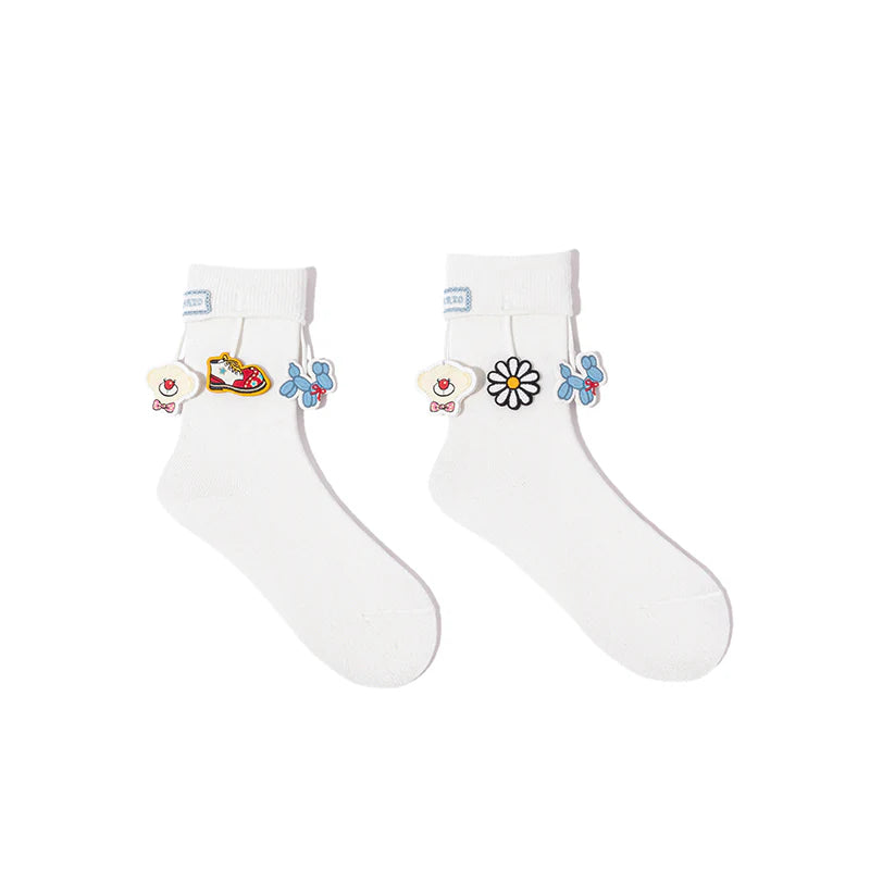13DE MARZO Fringe Charm Mid-Calf Socks White