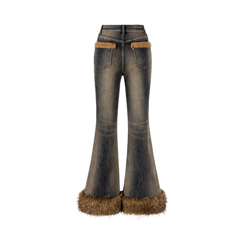 13DE MARZO Bear Vintage Fur Bell Bottom Jeans Navy blue