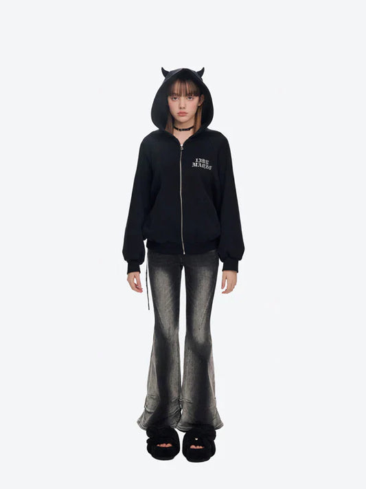 13DE MARZO Angel Devil Bear Zipped Hoodie/ BLACK