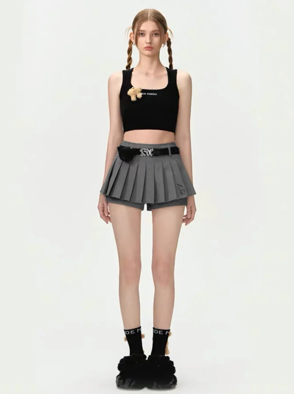 13DE MARZO HIGH WAIST BELT PLEATED SKIRT SHORTS GREY