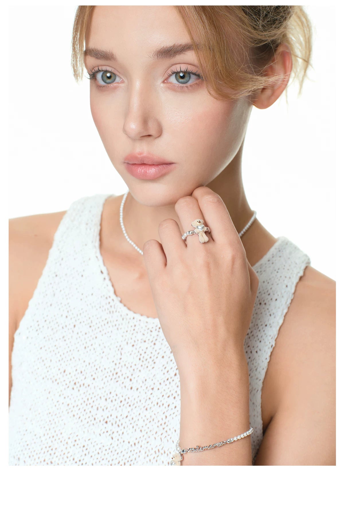 13DE MARZO Bear Hug Pearl Heart Beaded Ring