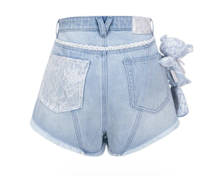 13DE MARZO BEAR LACY DENIM SHORTS