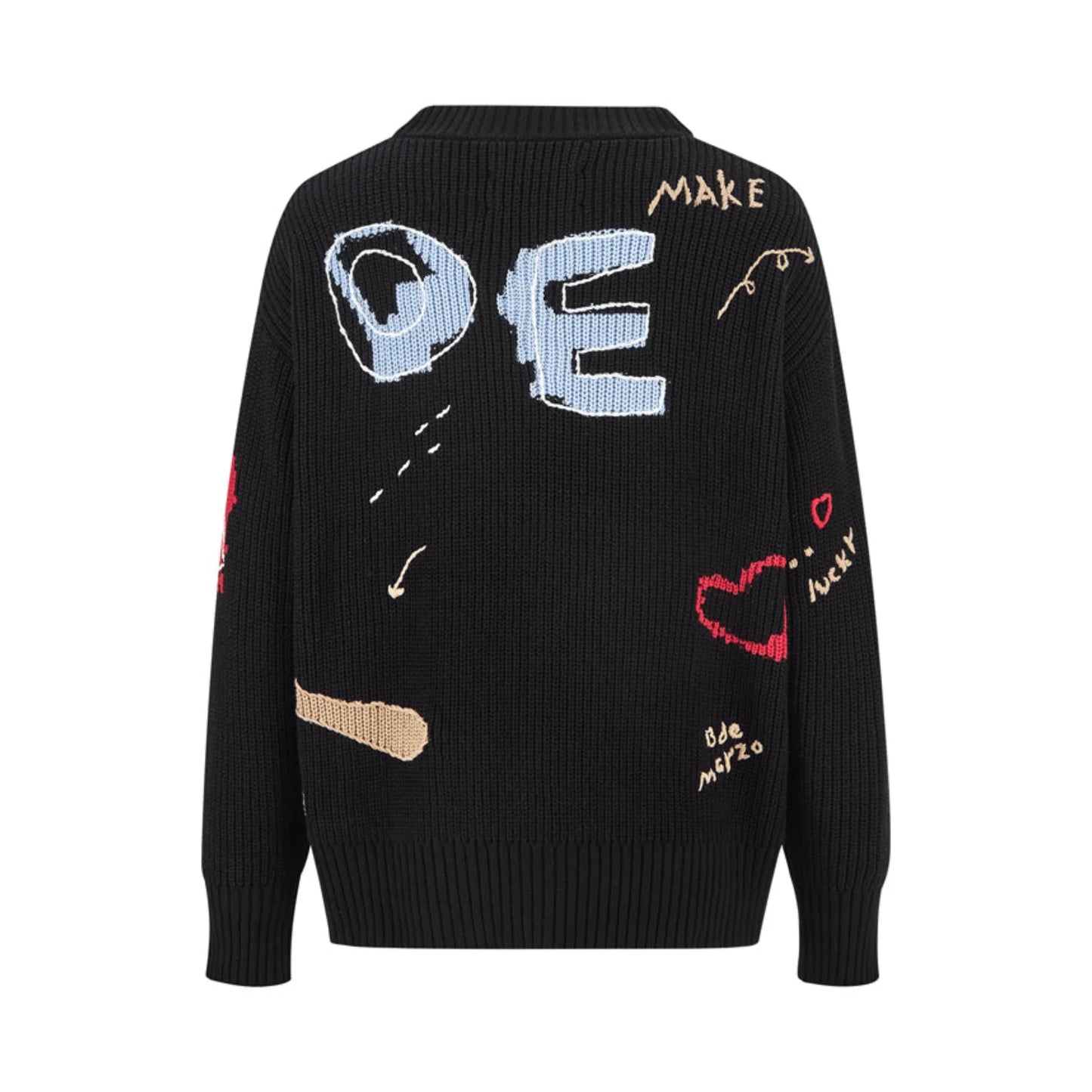 13DE MARZO Chunky Needle Graffiti Cardigan Sweater V-Neck Knitted Jacket in Black