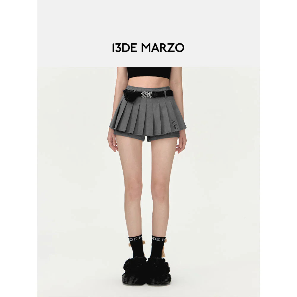 13DE MARZO HIGH WAIST BELT PLEATED SKIRT SHORTS GREY