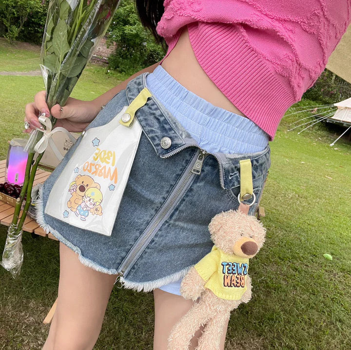 13 DE MARZO SWEAT BEAN BEAR ZIPPED DENIM SKIRT