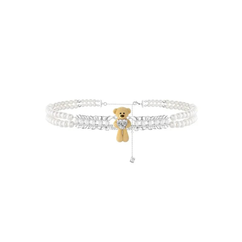13DE MARZO Bear Pearl Bow Zircon Heart Necklace