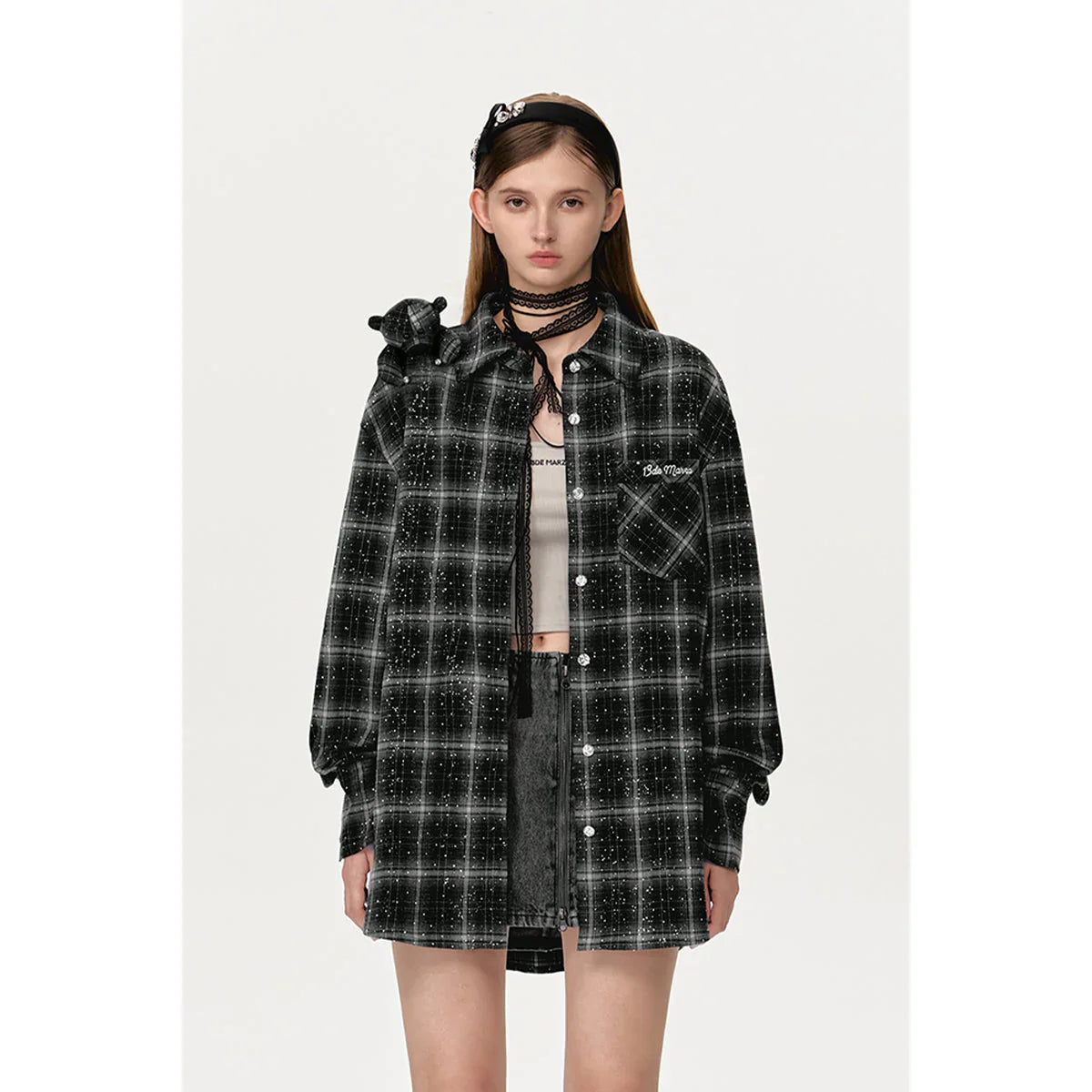 13DE MARZO BEAR RHINESTONE PLAID SHIRT