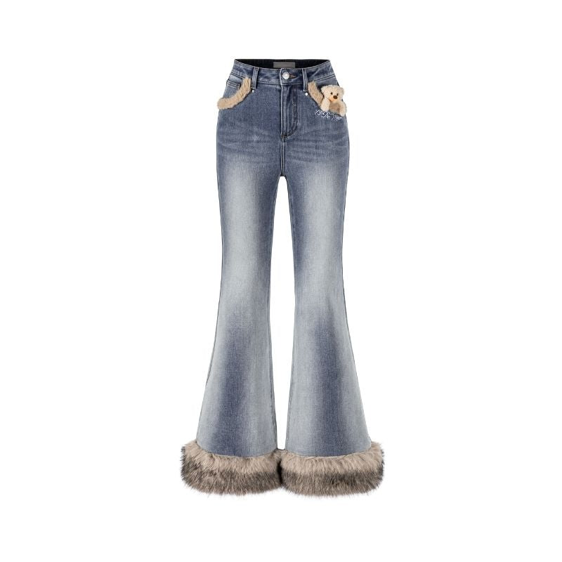 13DE MARZO Bear Vintage Fur Bell Bottom Jeans Blue