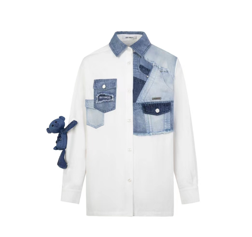 13 DE MARZO DECONSTRUCTION DENIM PATCH SHIRT WHITE