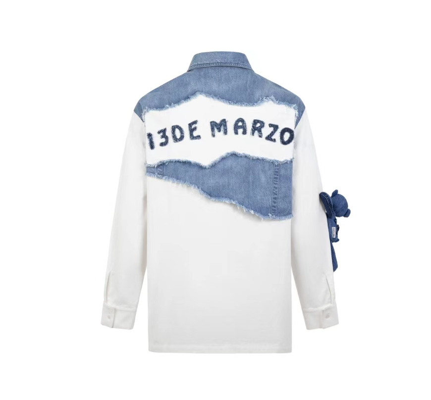 13 DE MARZO DECONSTRUCTION DENIM PATCH SHIRT WHITE