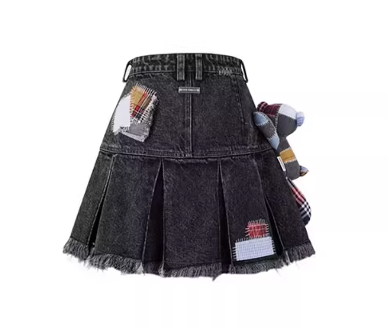 13 DE MARZO BEAR PATCH SUTURE DENIM  SKIRT