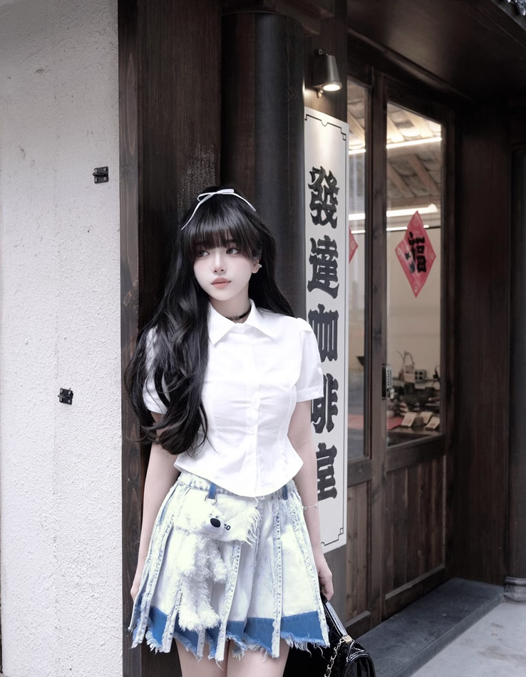 13 DE MARZO BLUE AND WHITE WASH DENIM PLEATED SKIRT