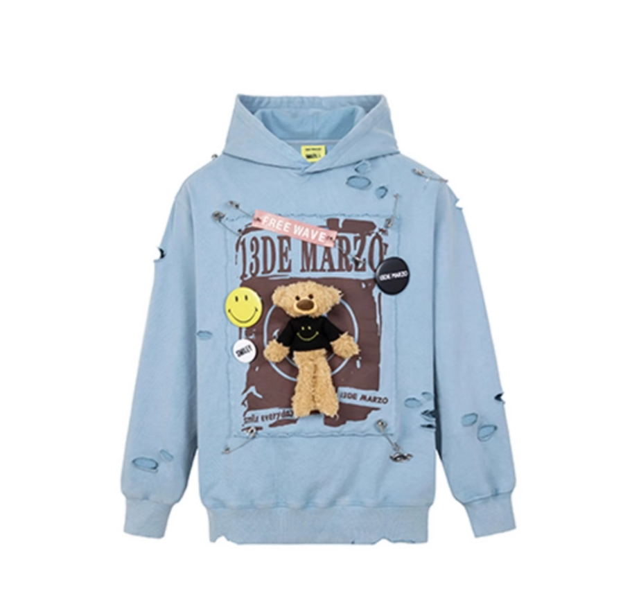 13 DE MARZO BROKEN PIN BADGE BEAR HOODIE BLUE