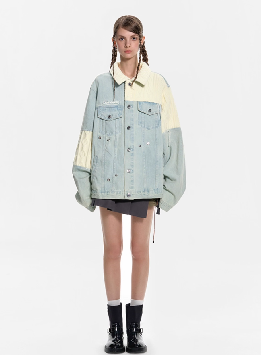 13 DE MARZO WOOL PATCHWORK PLEATED CASUAL JACKET DENIM