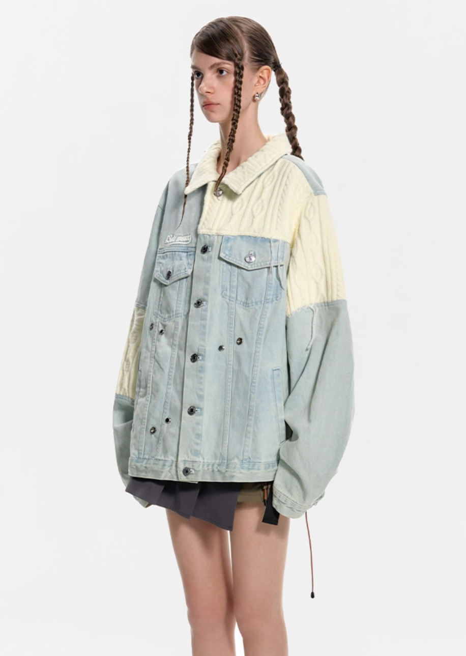 13 DE MARZO WOOL PATCHWORK PLEATED CASUAL JACKET DENIM