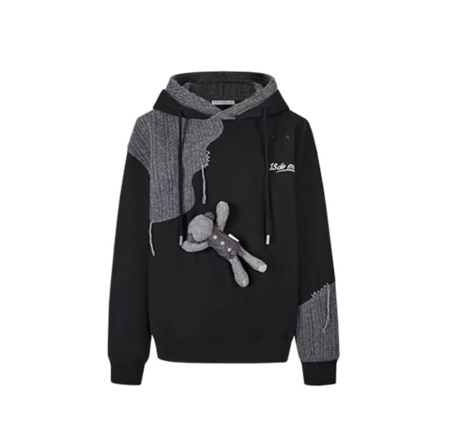 13 DE MARZO WOOLEN SPLICED DOUBLE CAP PLEATED LOOSE HOODIE