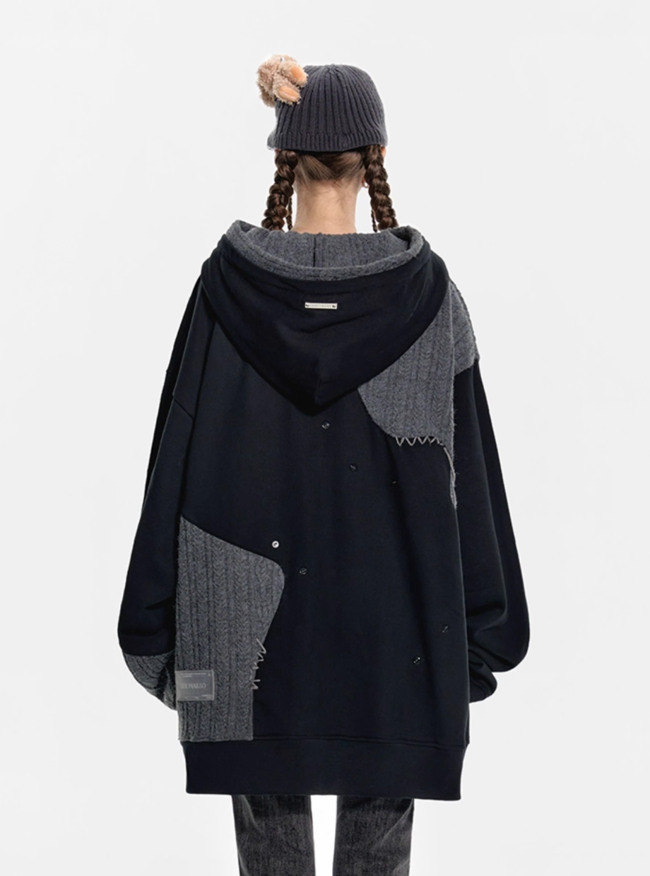 13 DE MARZO WOOLEN SPLICED DOUBLE CAP PLEATED LOOSE HOODIE