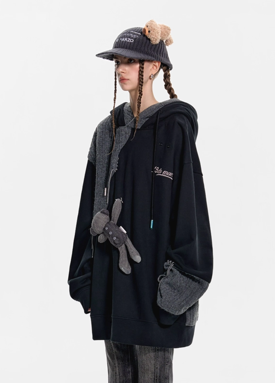 13 DE MARZO WOOLEN SPLICED DOUBLE CAP PLEATED LOOSE HOODIE