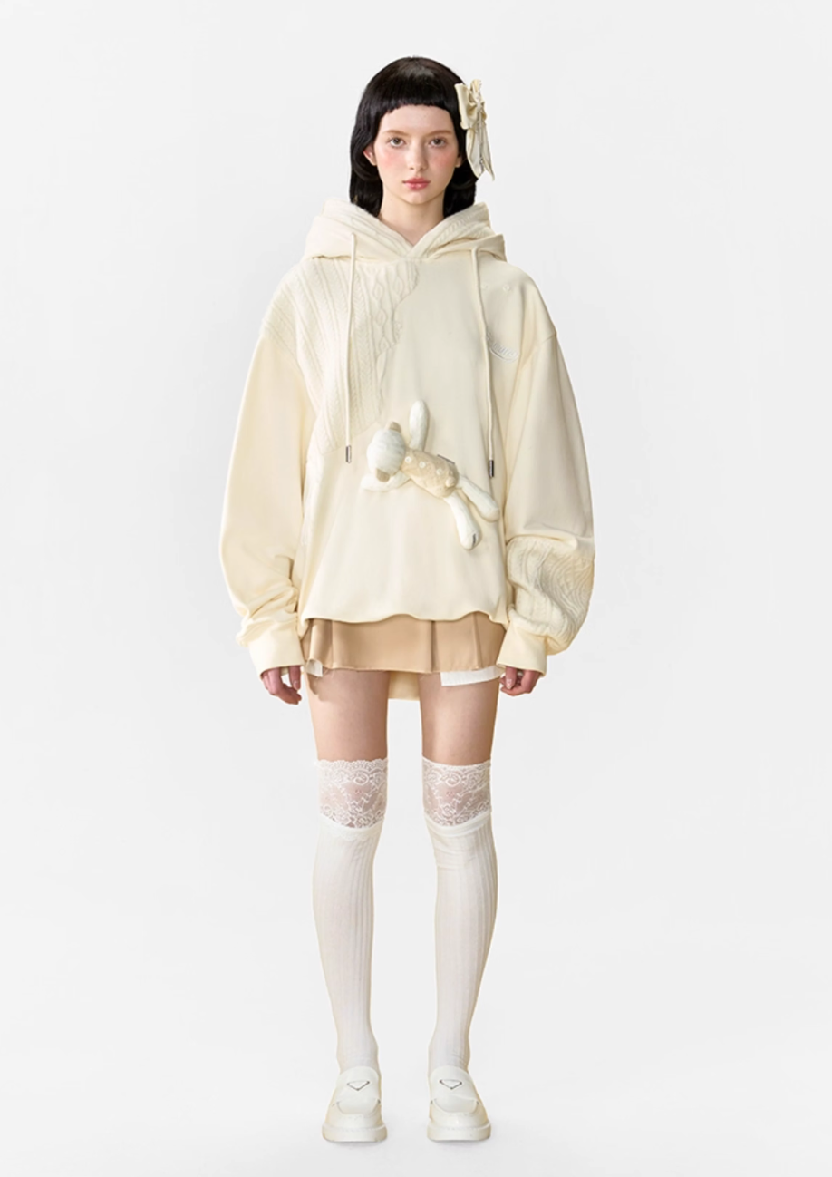 13 DE MARZO WOOLEN SPLICED DOUBLE CAP PLEATED LOOSE HOODIE