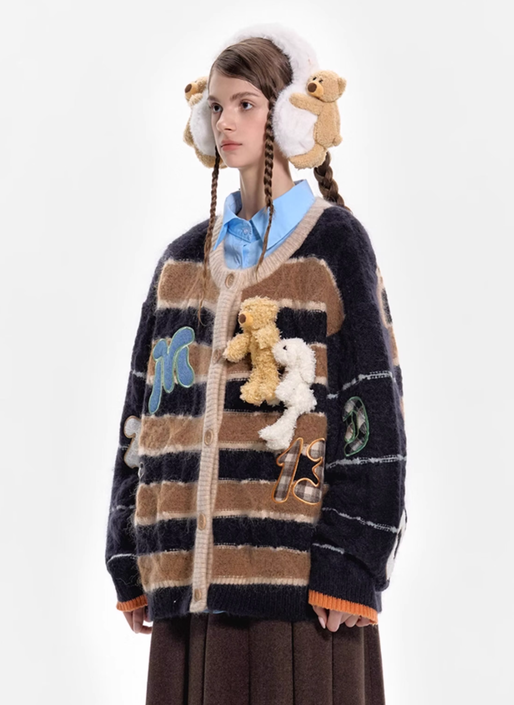 13 DE MARZO STICK CLOTH CREW NECK STRIPED  KNIT CARDIGAN