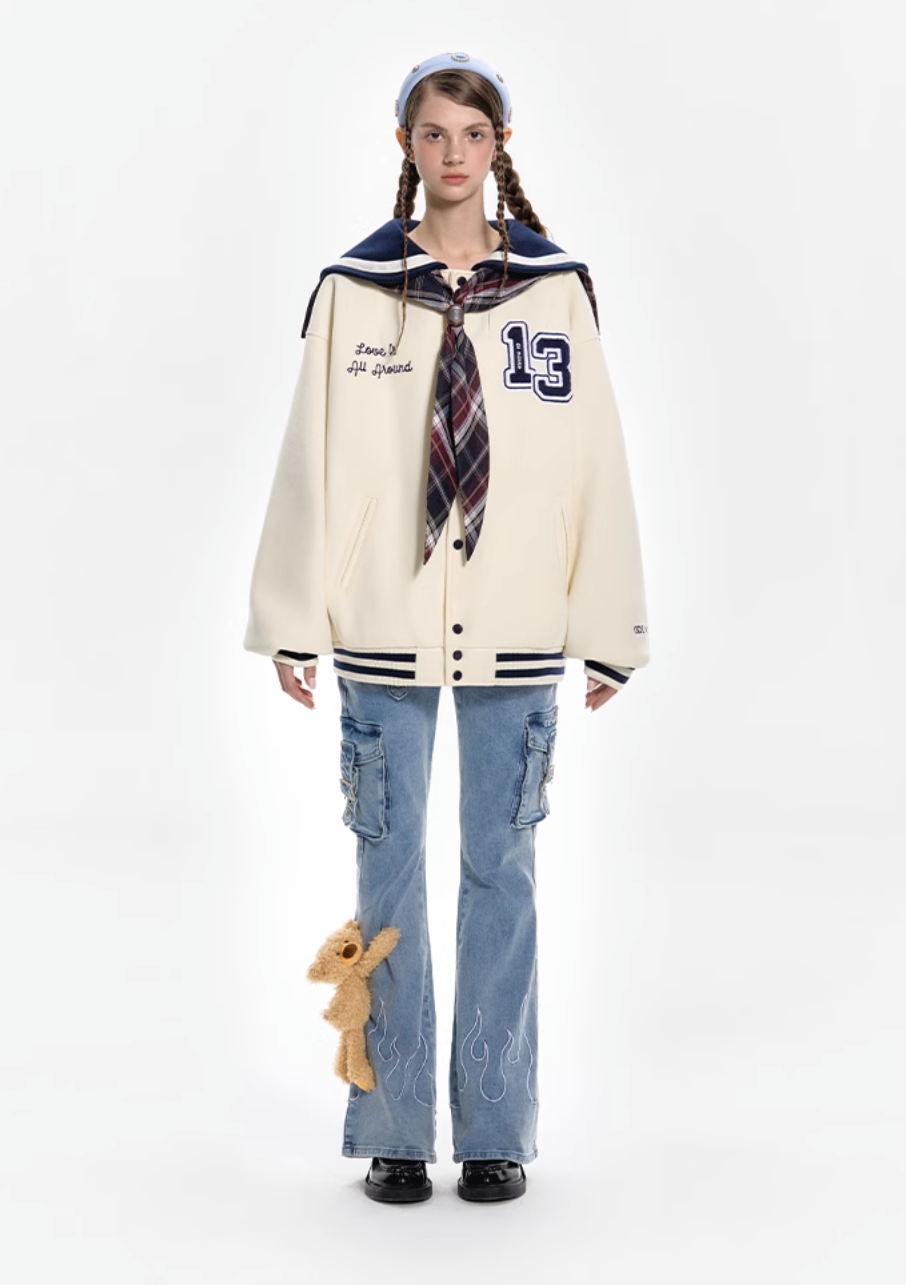 13 DE MARZO NAVY COLLAR FASHION BASEBALL JACKET