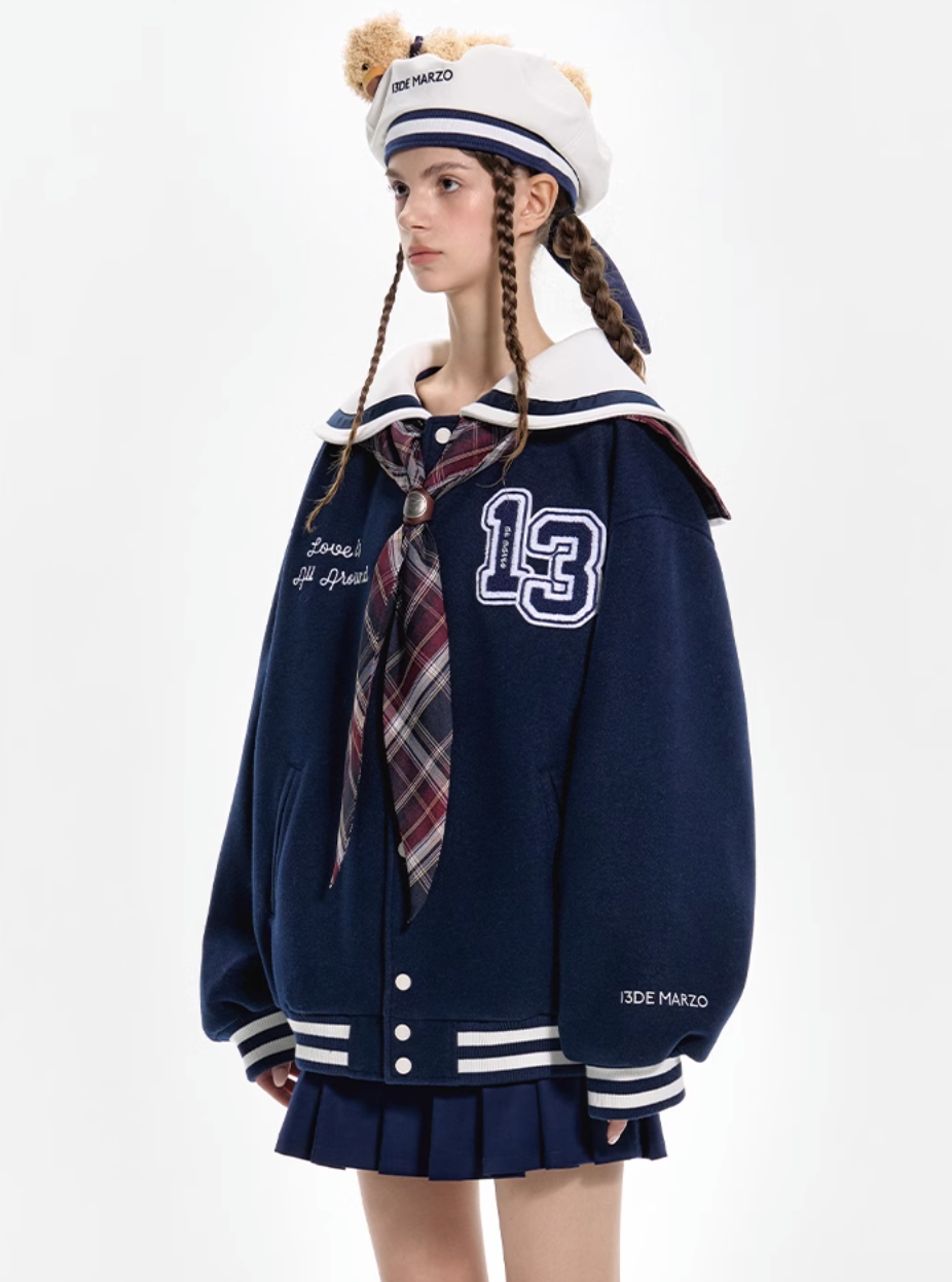 13 DE MARZO NAVY COLLAR FASHION BASEBALL JACKET