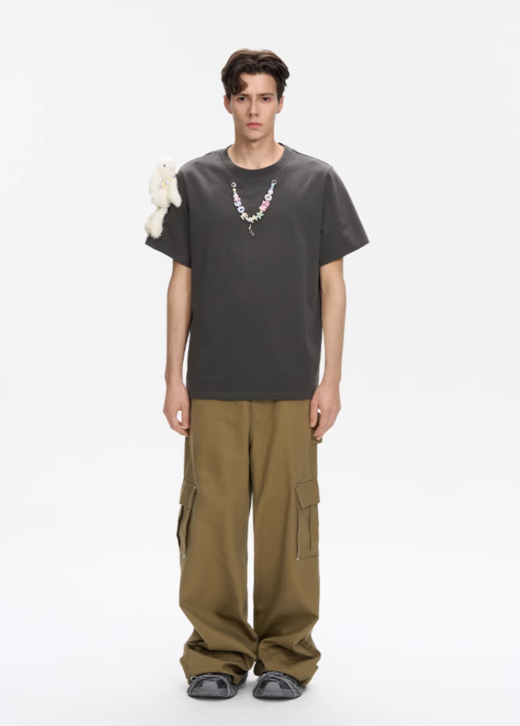 13 DE MARZO  BEADED LOGO LOOSE SHORT-SLEEVED T-SHIRT BLACK