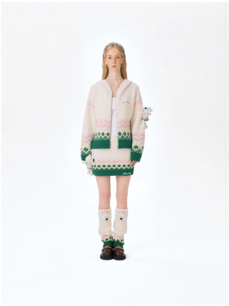 13DE MARZO Fair Isle Bear Cardigan Beige
