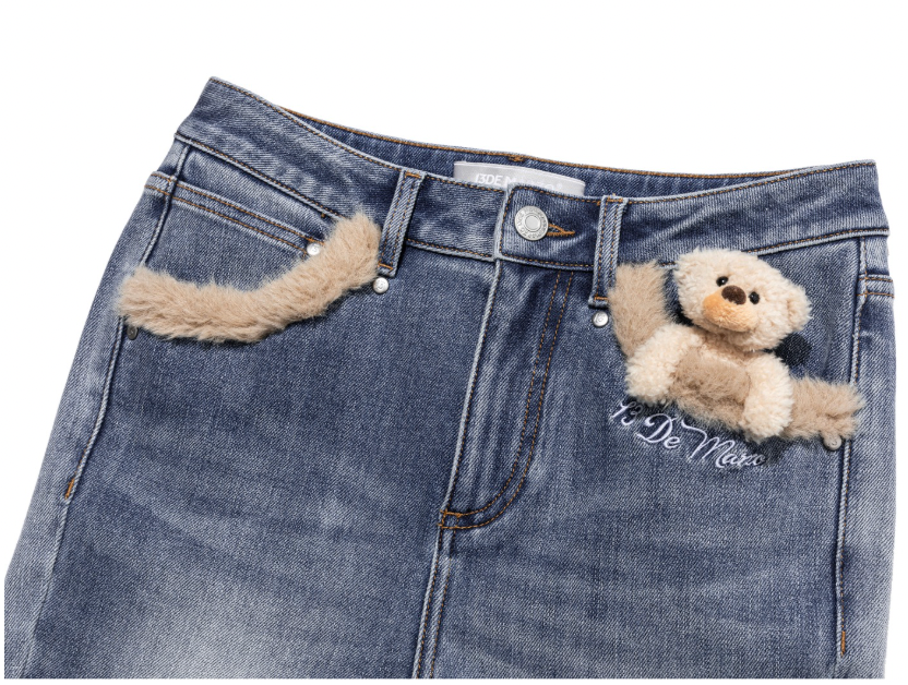 13DE MARZO Bear Vintage Fur Bell Bottom Jeans Blue
