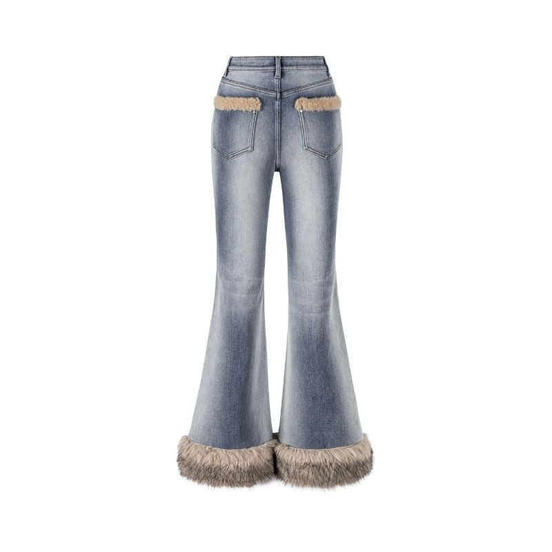 13DE MARZO Bear Vintage Fur Bell Bottom Jeans Blue