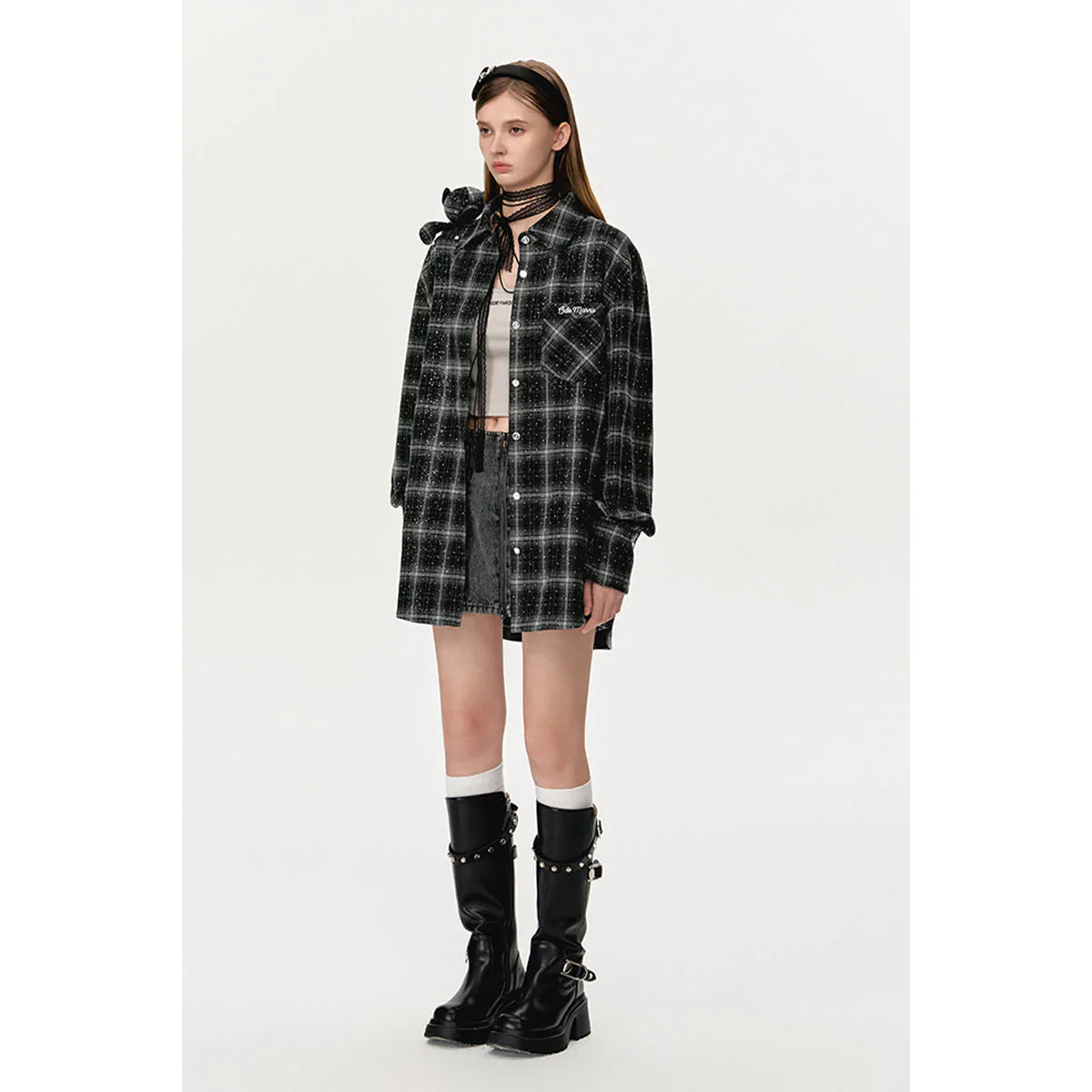 13DE MARZO BEAR RHINESTONE PLAID SHIRT