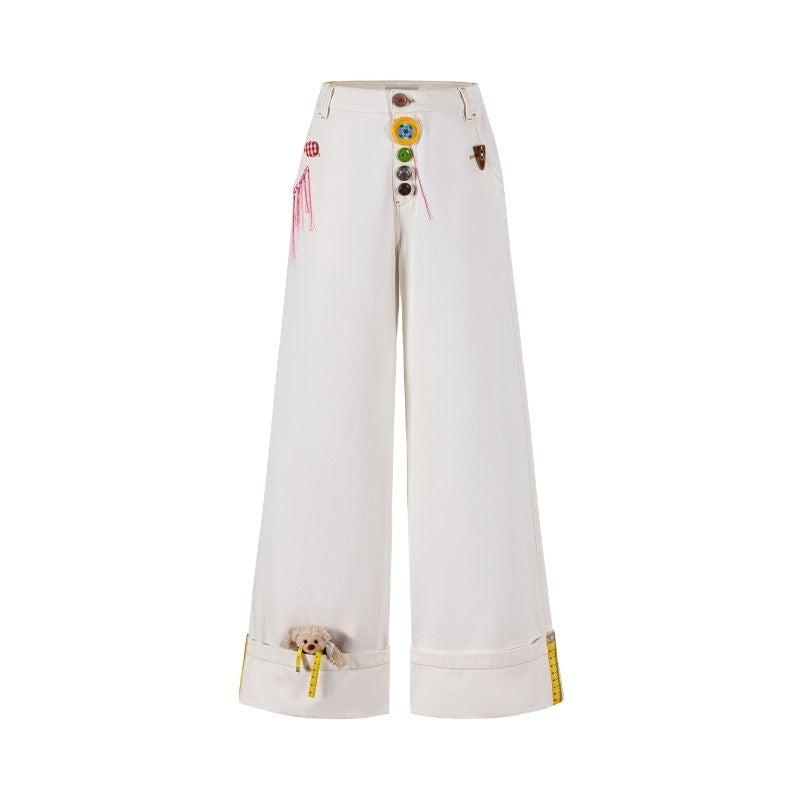 13DE MARZO Tailor Bear Button Jeans White