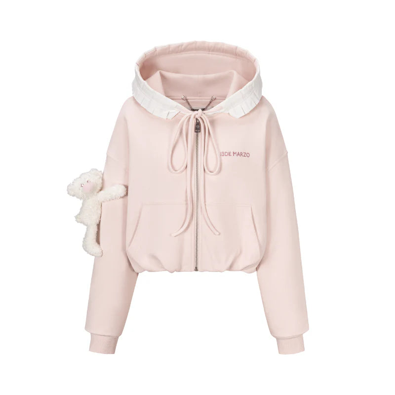 13DE MARZO Lace Edge Zip Hoodie Pink