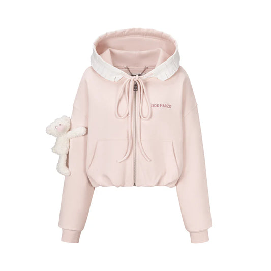 13DE MARZO Lace Edge Zip Hoodie Pink