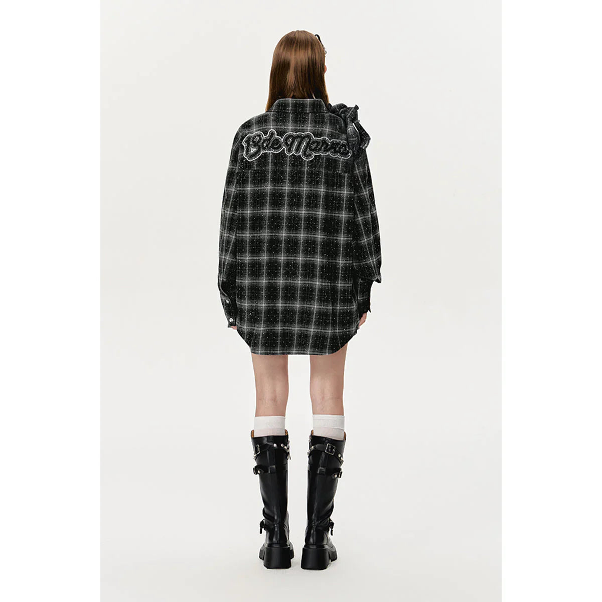13DE MARZO BEAR RHINESTONE PLAID SHIRT