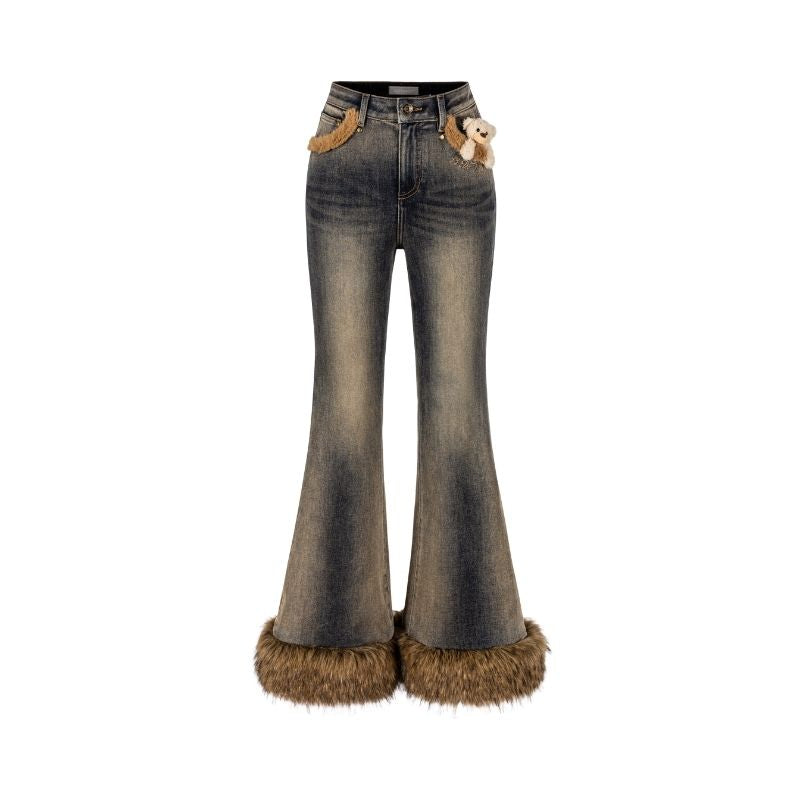 13DE MARZO Bear Vintage Fur Bell Bottom Jeans Navy blue