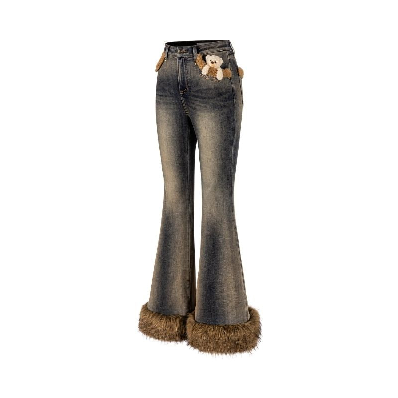 13DE MARZO Bear Vintage Fur Bell Bottom Jeans Navy blue