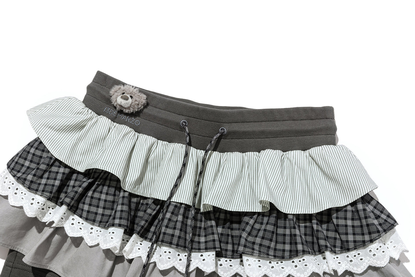 13DE MARZO Patchwork Ruffle Tiered Skirt Dark Grey