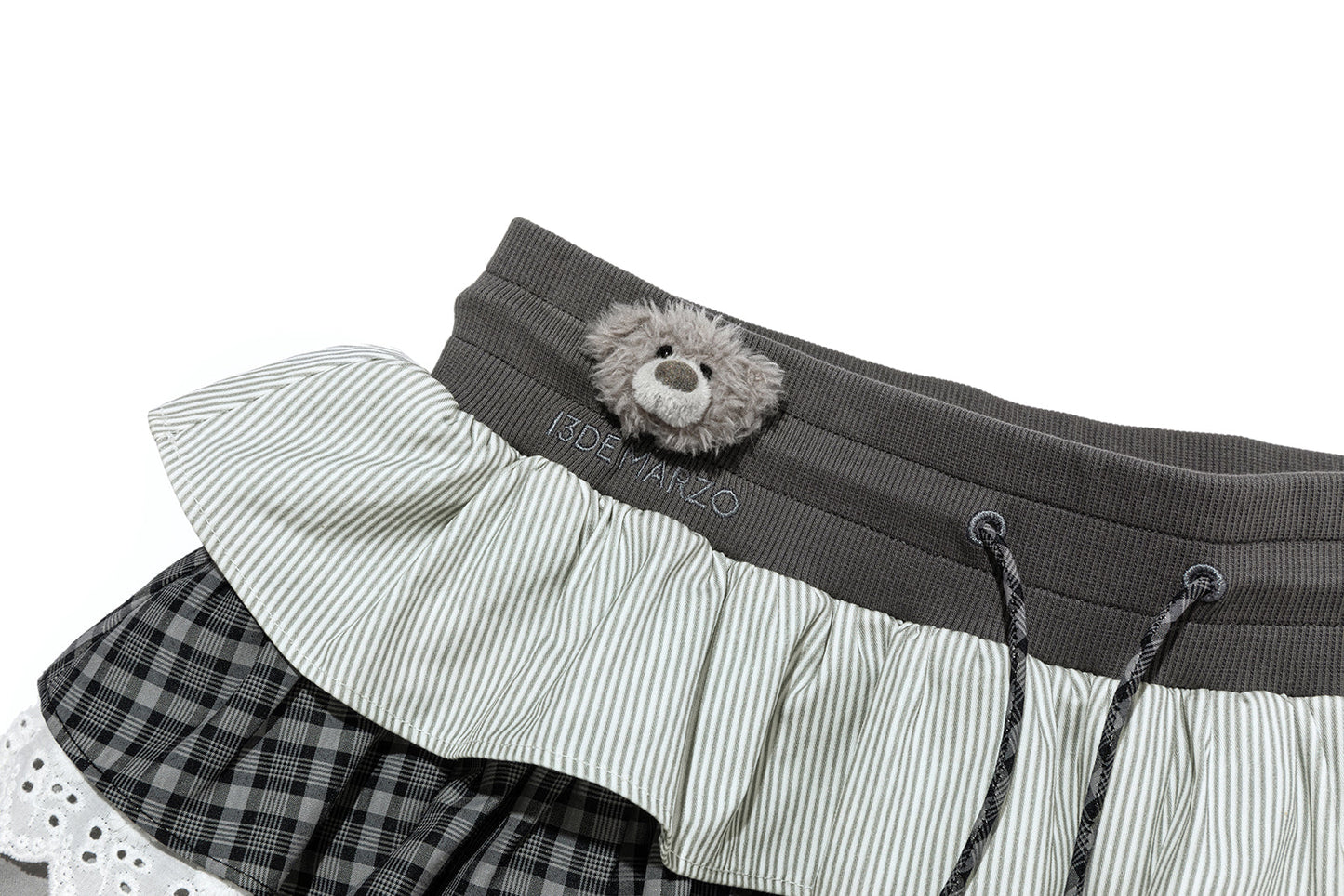 13DE MARZO Patchwork Ruffle Tiered Skirt Dark Grey