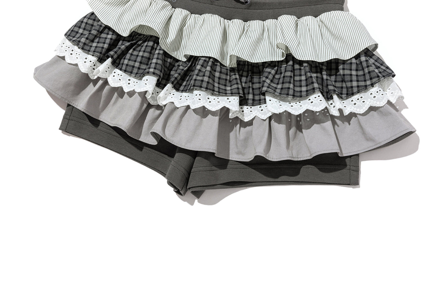 13DE MARZO Patchwork Ruffle Tiered Skirt Dark Grey