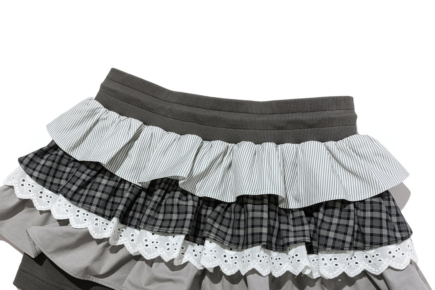 13DE MARZO Patchwork Ruffle Tiered Skirt Dark Grey