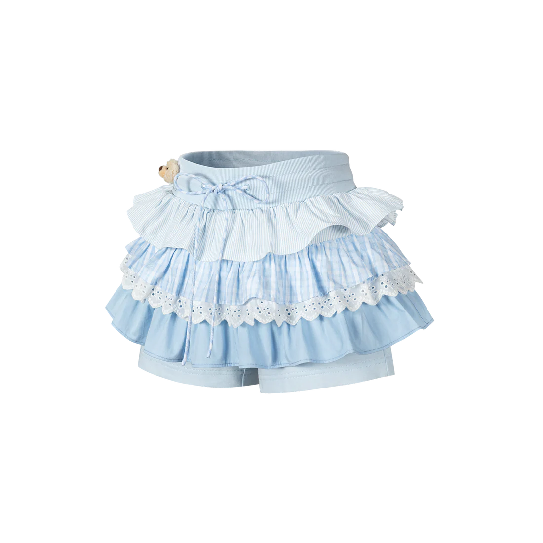 13DE MARZO Patchwork Ruffle Tiered Skirt Blue