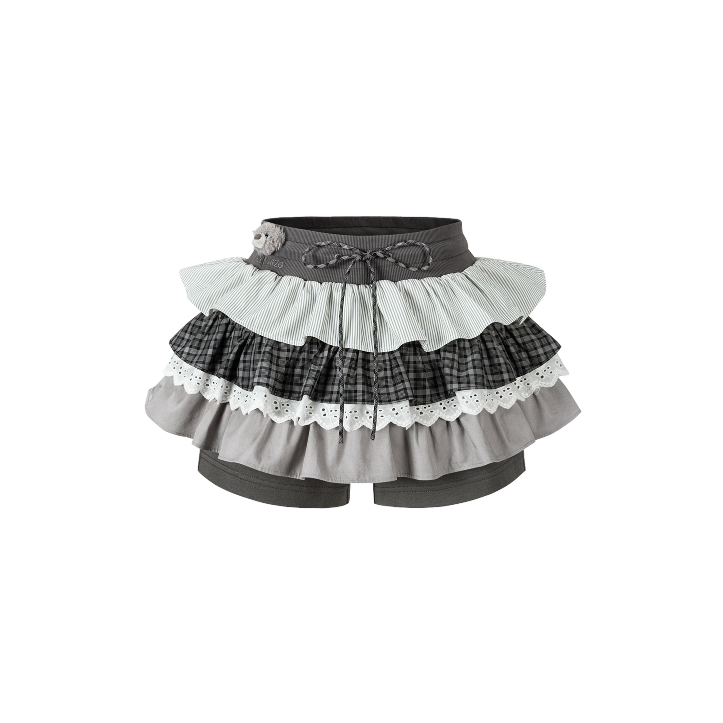 13DE MARZO Patchwork Ruffle Tiered Skirt Dark Grey