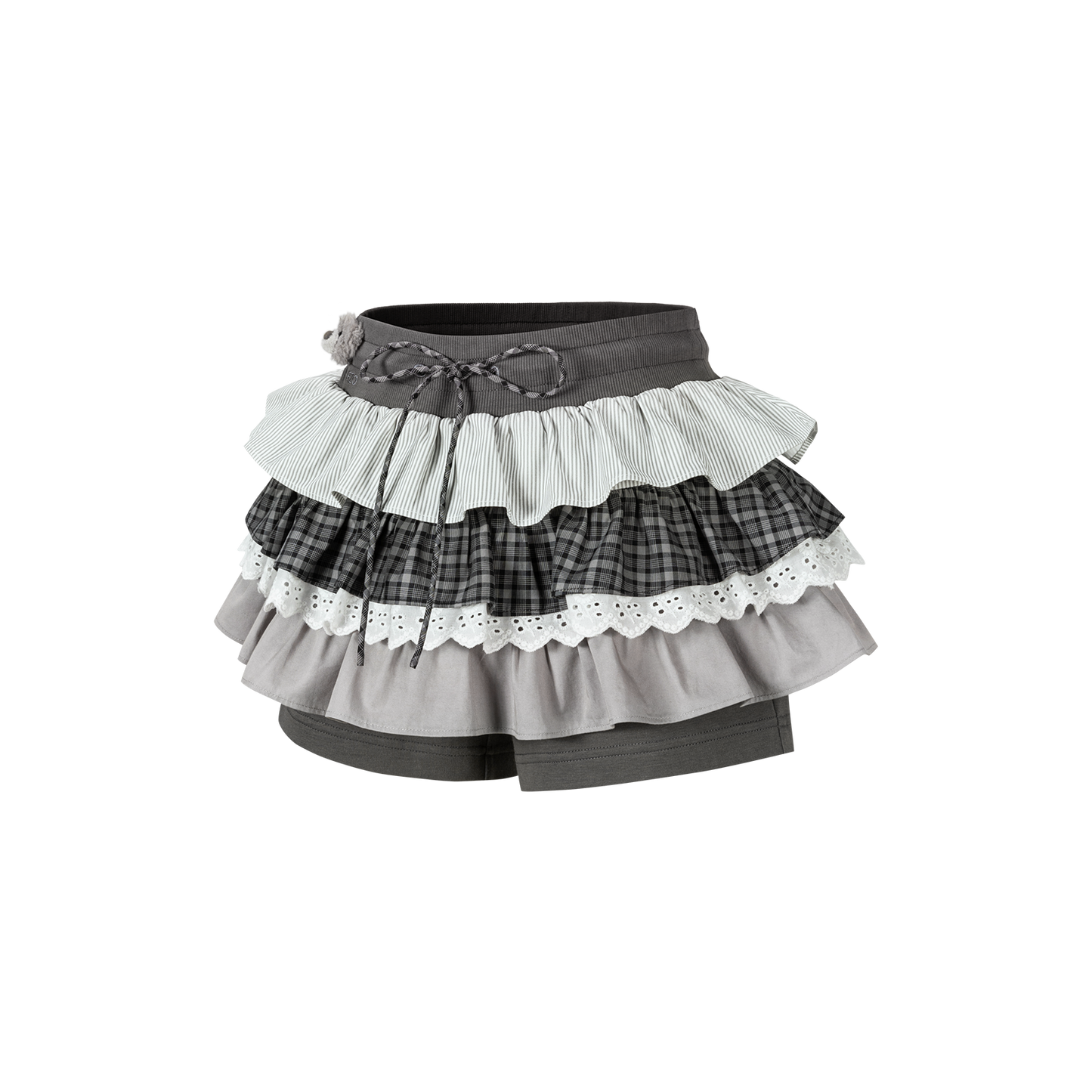 13DE MARZO Patchwork Ruffle Tiered Skirt Dark Grey
