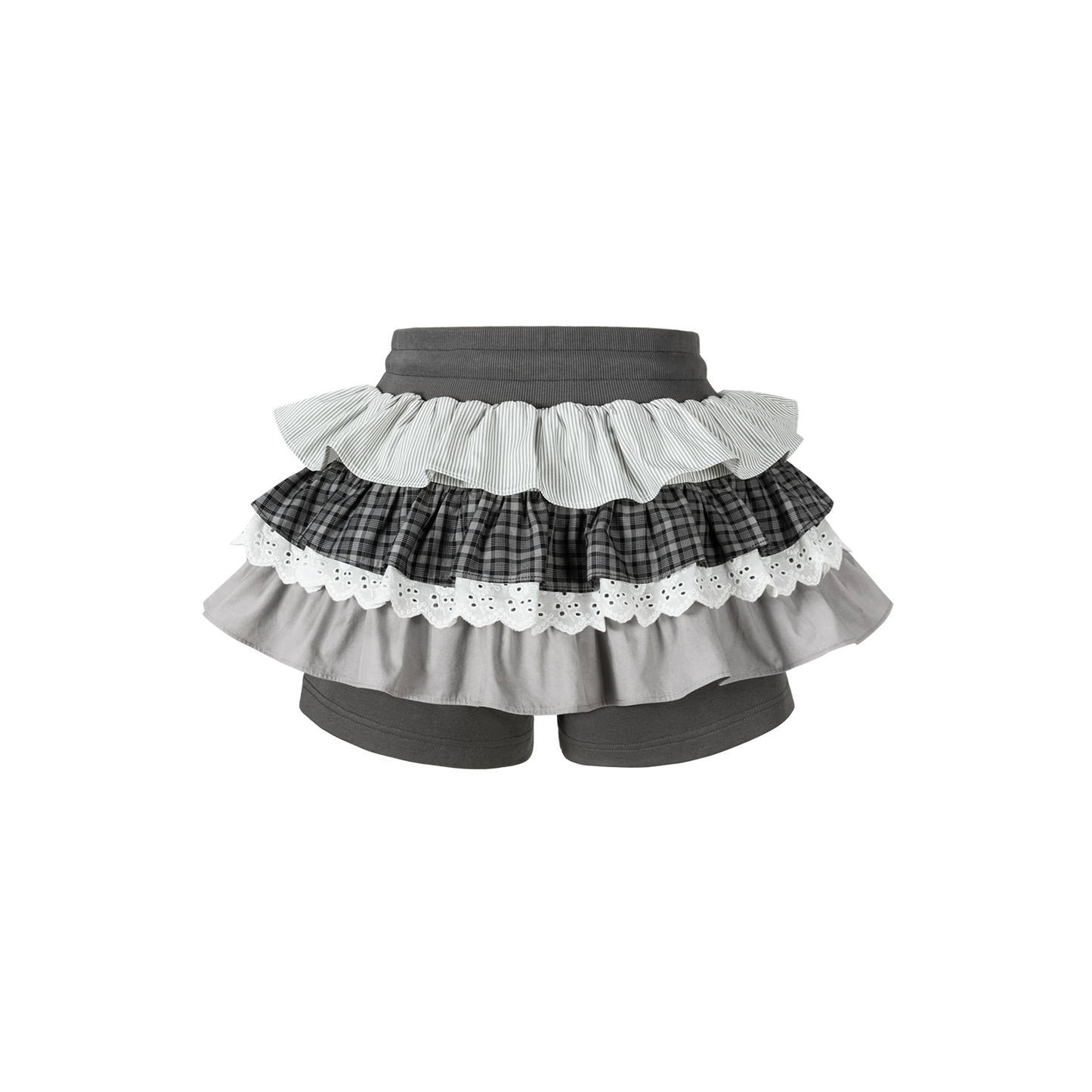 13DE MARZO Patchwork Ruffle Tiered Skirt Dark Grey
