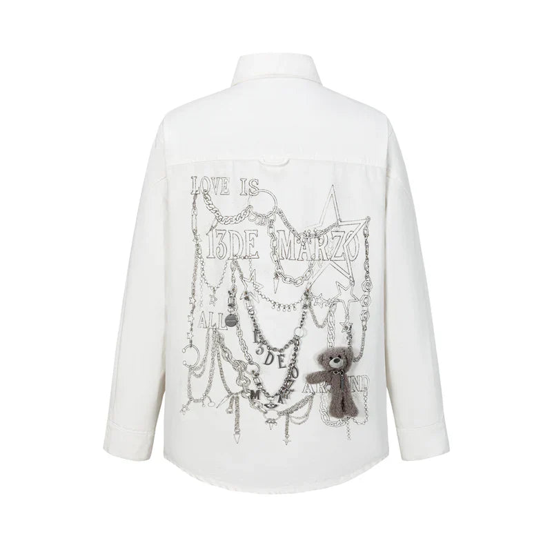 13DE MARZO Chains Illustrated Denim Shirt